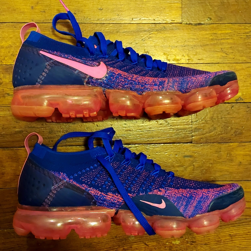 Nike Pink and Blue VaporMax Flyknit Athletic Sneakers